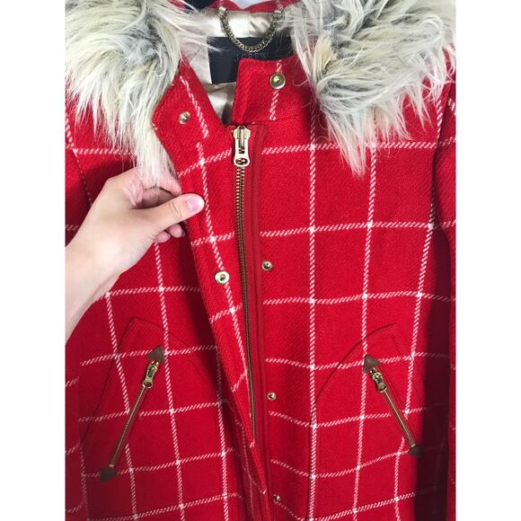 J. Crew Chateau Parka Red Plaid Lady Windowpane Check 100% Wool Hooded Coat 2 - Picture 3 of 12